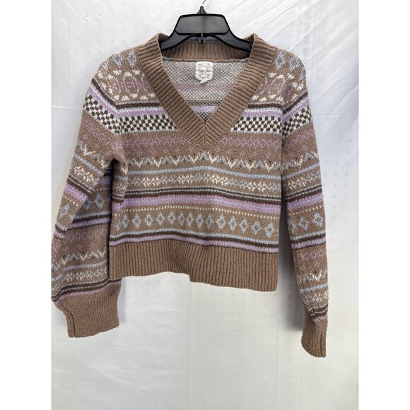 Hippie Rose Fair Isle Sweater V Neck Cropped Size Large Brown Mauve Knitted - Picture 1 of 7